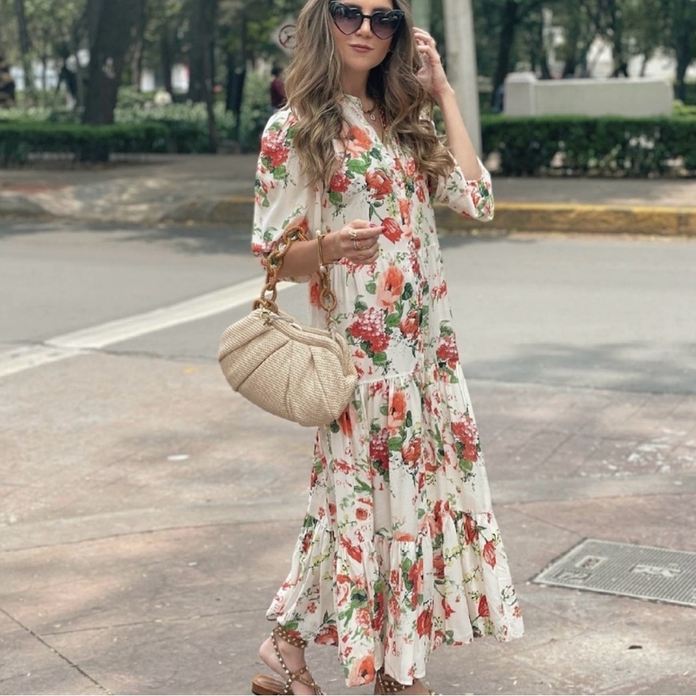 Zara Multicolor Floral Midi A-Line V-Neck Button Down Tiered Maxi Dress sz XS